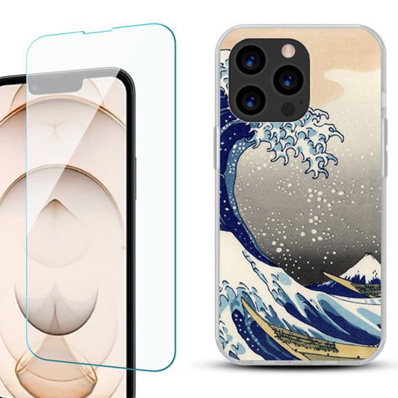 Slim-Fit Anti-Scratch Gel TPU Phone Case for iPhone 13 Pro, with Tempered Glass Screen Protector, by OneToughShield ® - Great Wave