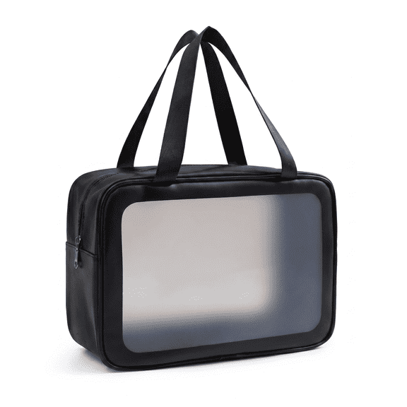 1 PC Black Travel Toiletry Bag for Women Men, Matte Translucent Makeup Cosmetic Organizer with Handle for Travel Accessories