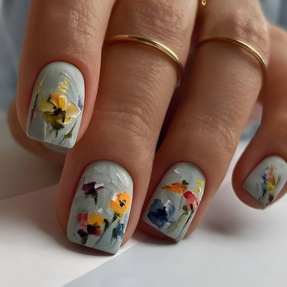 24 Pcs Short Square Press On Nails Flowers False Nails Spring Acrylic Nails Full Covers on Nails for Woman