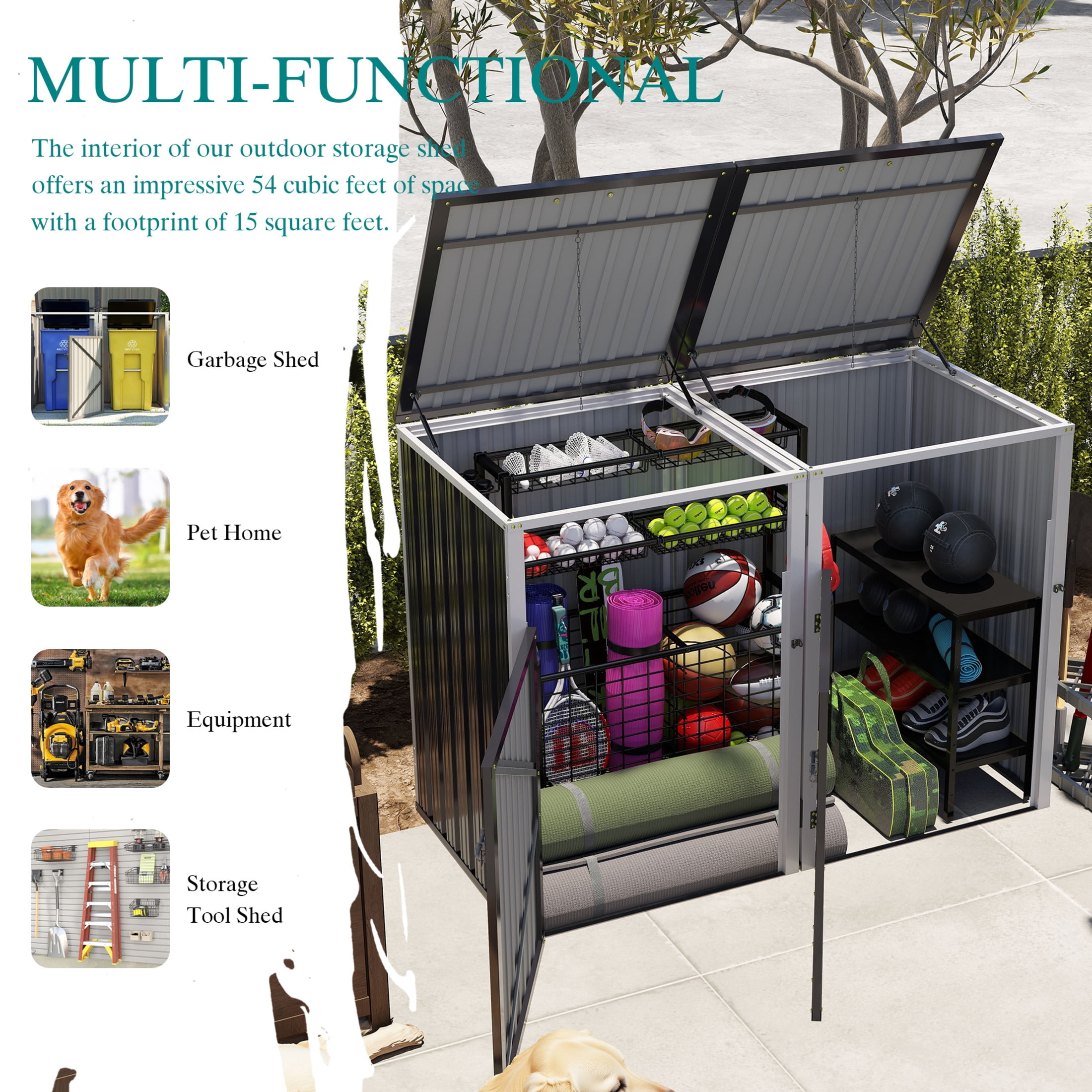 Noble House Outdoor Garbage Bin Shed for 2 Trash Cans, Lockable Galvanized Steel Garbage Bin Enclosure, Dark Gray