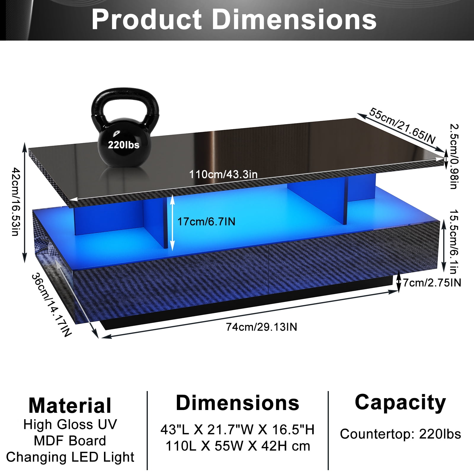Blotout LED Black Coffee Table with 2 Storage Drawer, 43" Modern High Glossy Coffee Tables w/Open Display Shelf, Rectangle 2-Tier Center Table for Living Room(Black-43")