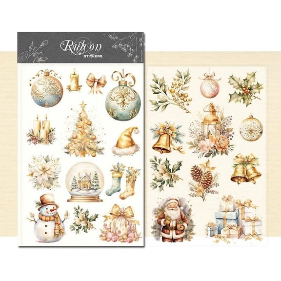 Golden Christmas Rub On Transfers Stickers 2 sheets for Crafts Cloth Glass Acrylic Wood Furniture Small Vintage Junk Journal Supplies Scrapbooking Items