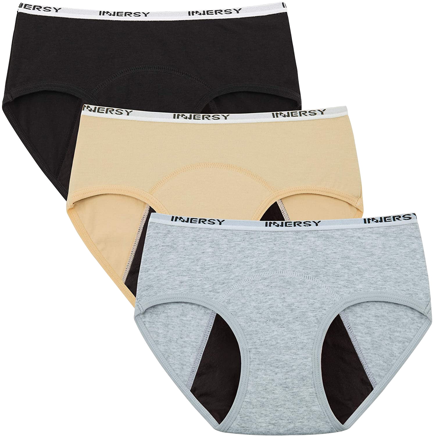 INNERSY Period Underwear for Teens Cotton Leekproof Menstrual Panties  3-Pack (M(10-12 yrs), Black/Yellow/Gray) 
