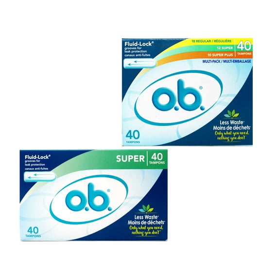 o.b. Tampons | Non-Applicator Tampon Bundle | Super 40ct and Regular/Super/Super Plus 40ct Multipack