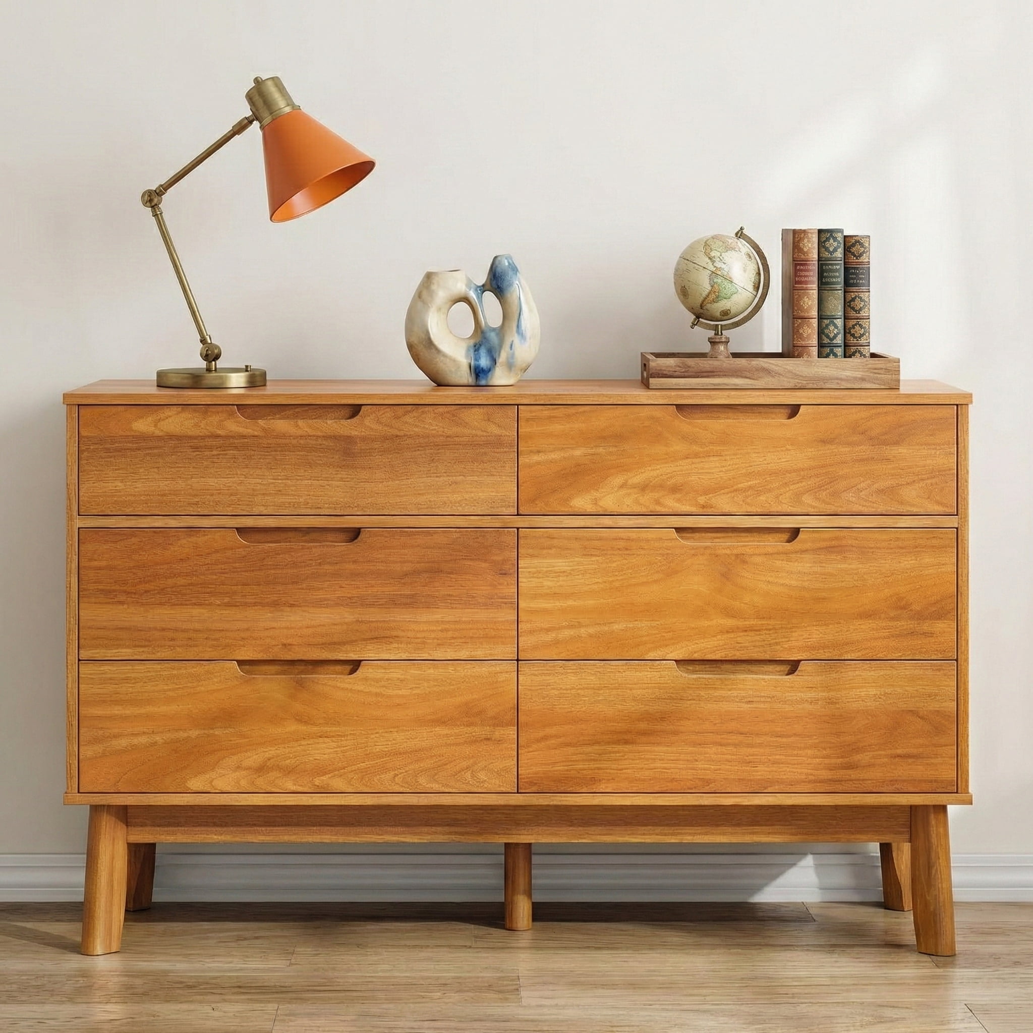 47" Wide Wooden Dresser for Bedroom, Mid-Century Modern 6 Drawer Double Dresser with Walnut Wood Grain, Large Horizontal Storage Chest for Living Room, Anti-Tip Kit, Caramel