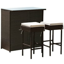 GLINTEX 3 Piece Outdoor Rattan Wicker Bar Set with 2 Cushions Stools and Glass Top Table, Glass top Table with Storage Shelves, Black