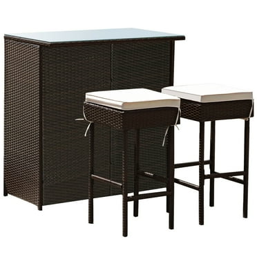 GLINTEX 3 Piece Outdoor Rattan Wicker Bar Set with 2 Cushions Stools and Glass Top Table, Glass top Table with Storage Shelves, Black
