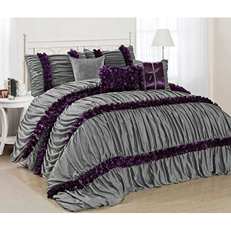 Ruffle Bedding Set 7 Piece Caralina Gray with Purple Stripe Ruffled Pleated Clearance bedding Comforter Set Fade Resistant, Wrinkle Free, No Ironing Necessary, Super Soft, All Sizes- Queen King Size (King) ()