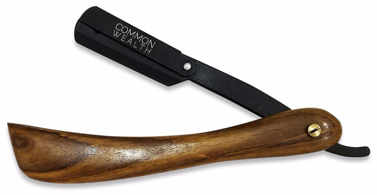 Common Wealth Wood Black Straight Edge Classic Folding Barber Shaving Razor With Case