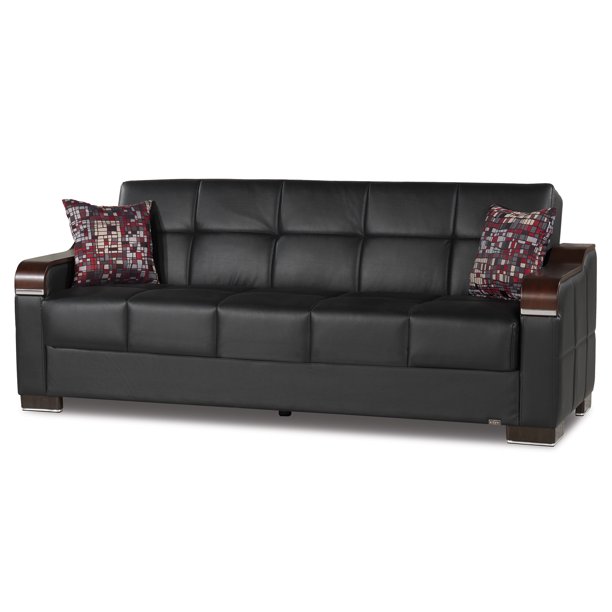 Uptown Leather Wooden Accent Arm Sleeper Sofa Bed with Storage
