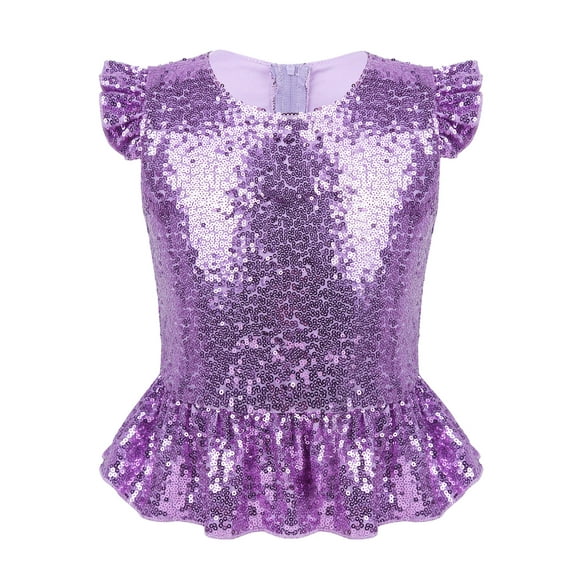 Manyakai Kids Girls Allover Sequins Peplum Shirt Short Sleeve Ruffle T-Shirt Modern Dance Crop Top Lavender 6
