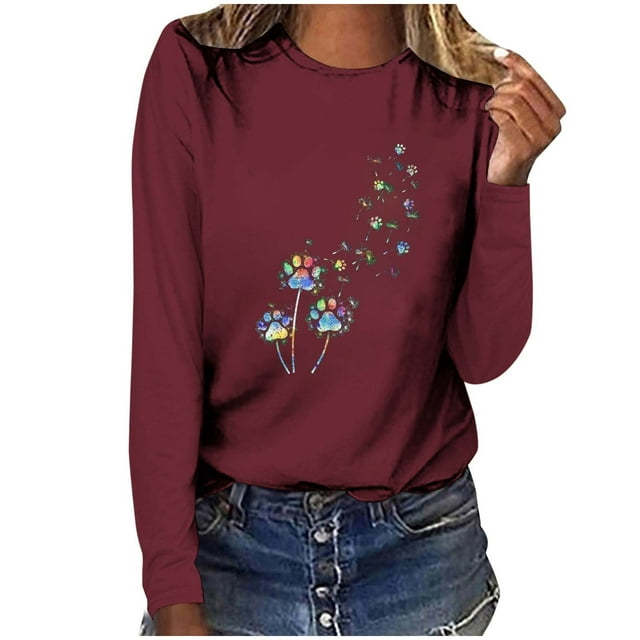Pisexur Hauts pour Femmes Mode d'Automne T-Shirt à Imprimé Graphique Amusant Col Rond Manches Longues Chemises pour Femmes Chic Décontracté Hauts de Sortie Confort Polyvalent Blouses Légères