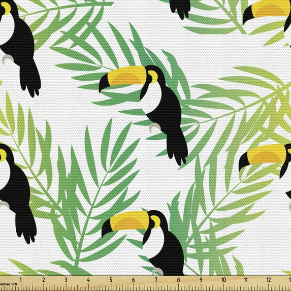 Tropical Upholstery Fabric by the Yard, Pattern of Exotic Birds on Coconut Palm Tree Branches Summer Foliage, Decorative Fabric for DIY and Home Accents, Green and Charcoal Grey by Ambesonne