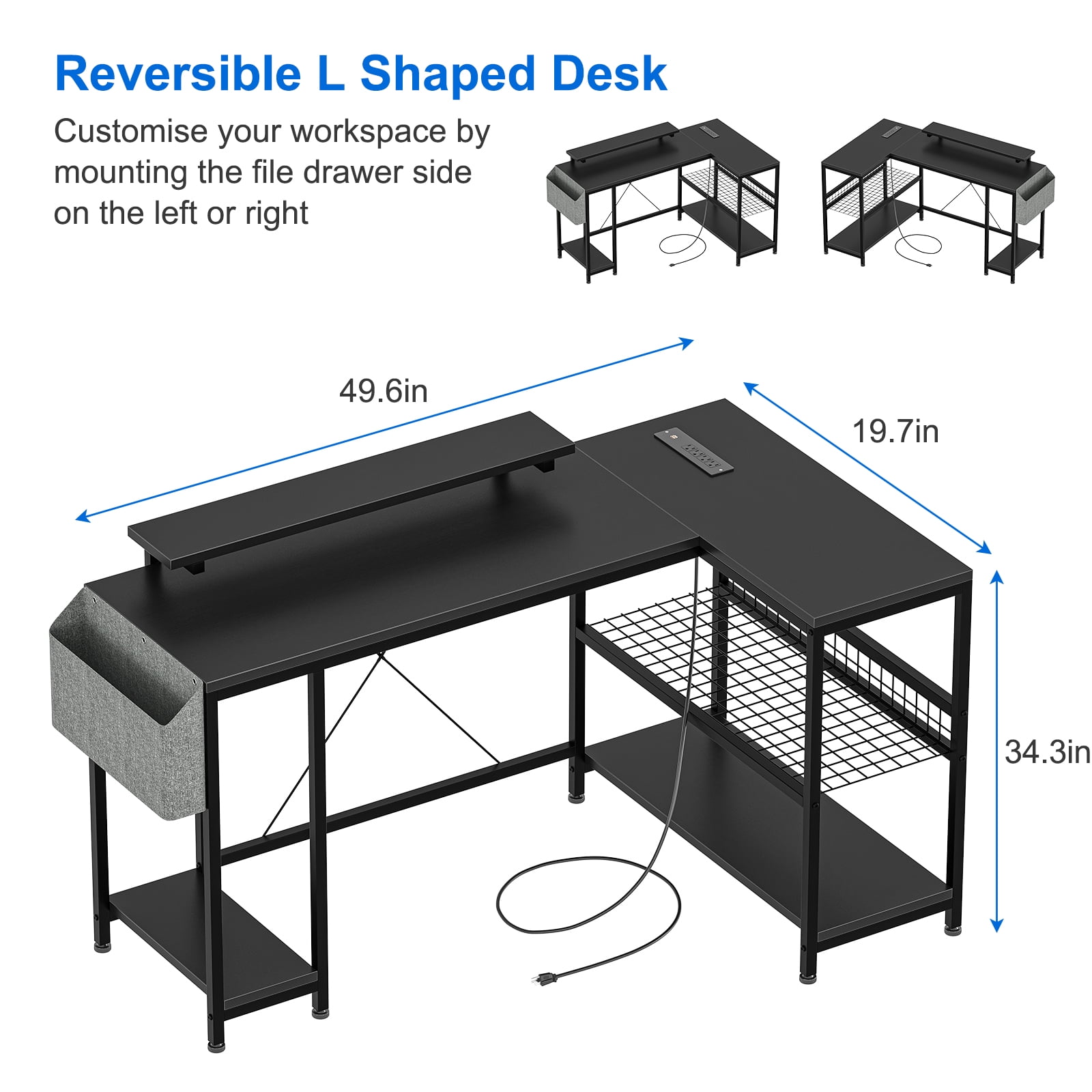 L Shaped Desk, Computer Gaming Desk with Power Outlet & Led Light, Reversible Corner Desk with Monitor Stand & Storage Shelves, Storage Bag for Home Office