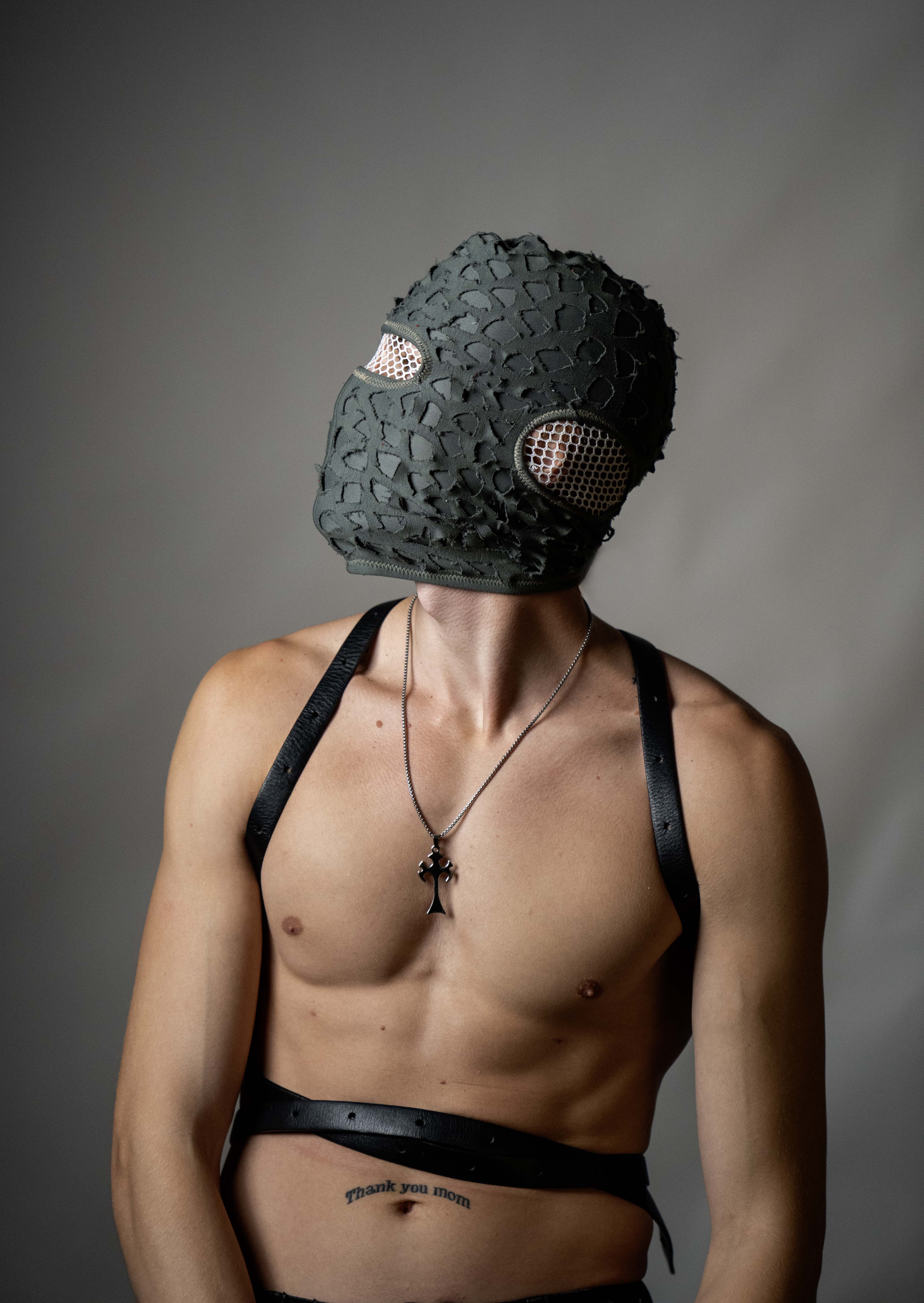 Handmade balaclava ski mask, torn and tattered, shabby tacky cotton ragged full face cover and protector Fragmented, unisex, all ages