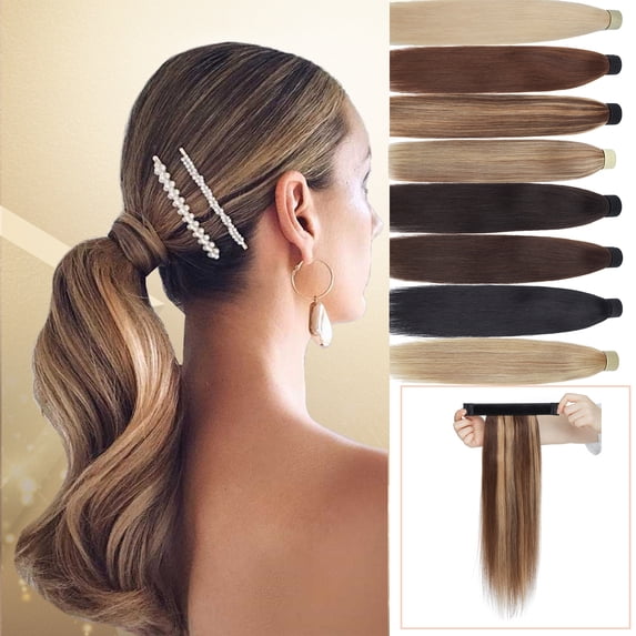 MY-LADY 100% Remy Real Human Hair Ponytail Extension 18Inch Long Straight Hair Extensions Hairpiece Wrap Around PonyTail Magic Paste Ponytail for Women #4P27 Medium Brown & Dark Blonde