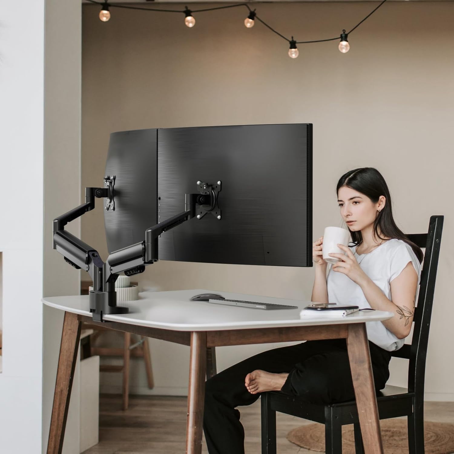 Dual Monitor Mount for Two Ultrawide Screens 13-34 Inch, Full Motion Gas Spring Arms with VESA 75/100mm, Desk Clamp & Grommet Base,  Management, Holds  to 26.4lbs Each