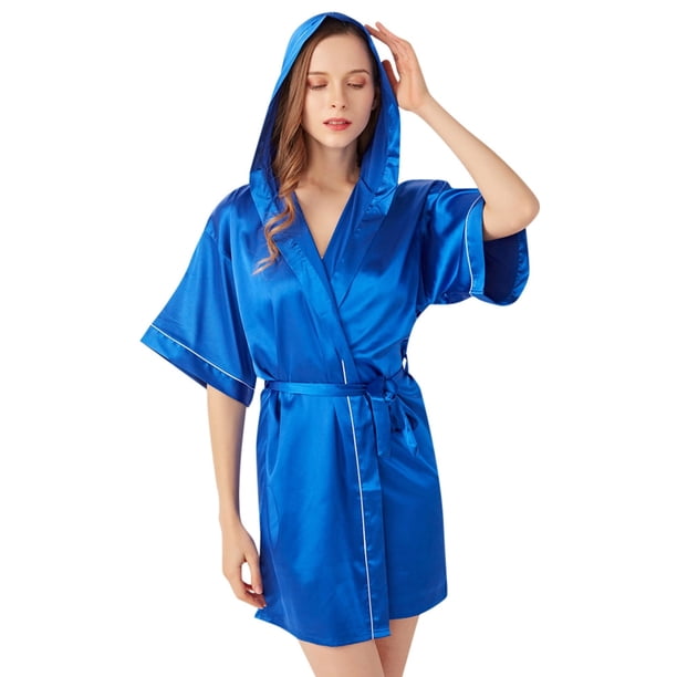 Bata de satén con capucha para mujer - Albornoz corto de seda - Ropa de dormir para damas de honor y bodas - Color liso