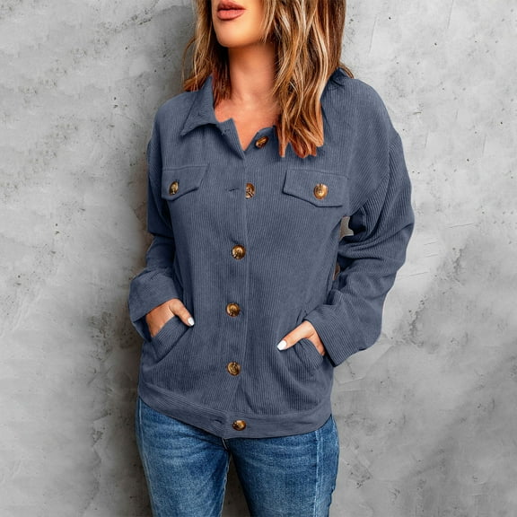 QUNYINEY Casual Womens Jacket Solid Button Corduroy Blue Lightweight Jacket Slim Multiple Pockets Short Lapel Collar Long Sleeve Hoodless Jacket