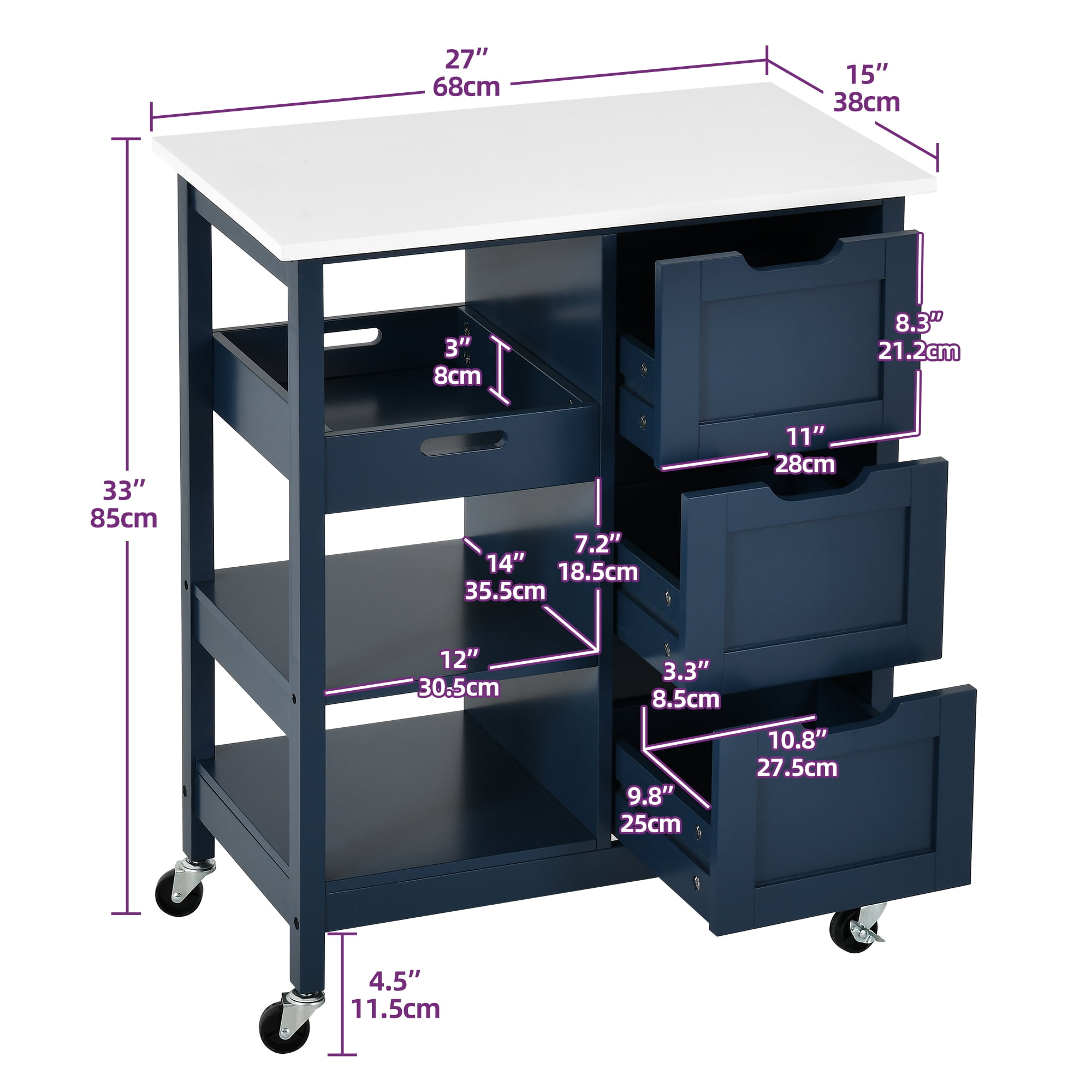 Dextrus 3-Tier Kitchen Storage Cart with Large Countertop, Rolling Kitchen Island Cart , Blue