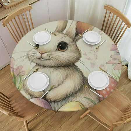 

SHERONV Bunny Eggs Flowers Round Tablecloth Stain-Resistant Washable 54 -58