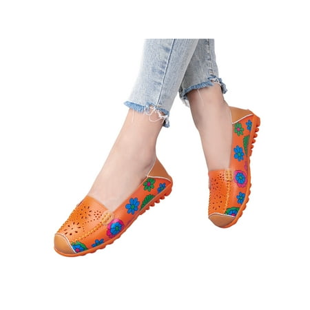 

Woobling Womens Casual Shoes Slip On Flats Floral Loafers Women Walking Shoe Comfortable Mocassins Cutout Non-slip Cutout Orange 6