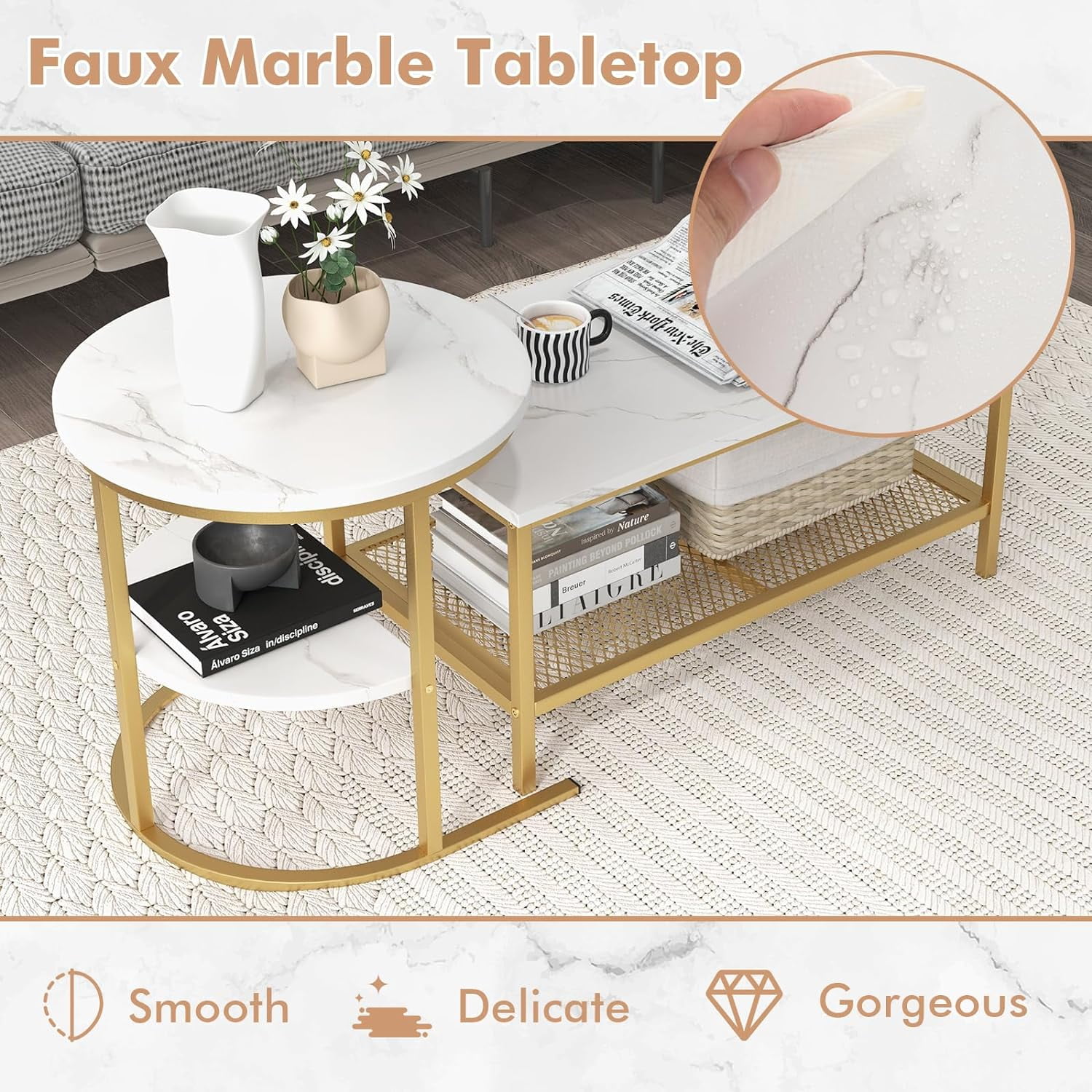2 in 1 Nesting Coffee Table Modern Faux Marble Top Detachable Open Storage Shelf ,Home ,Office ,Gold & White