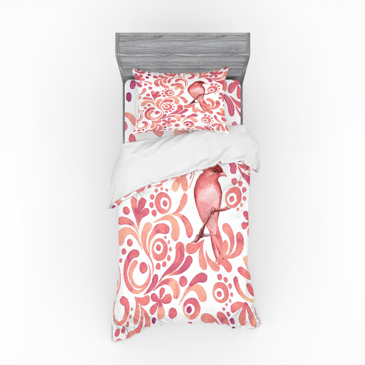 Birds Duvet Cover Set, Scrolled Pattern Soft Brushed Watercolor Sparrow