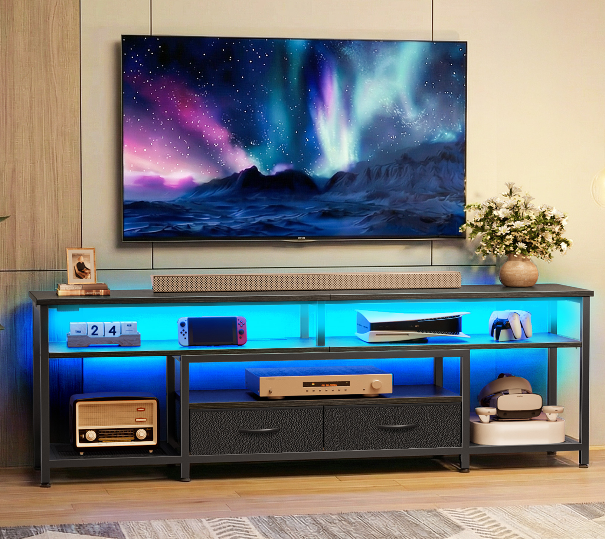 Amadwell 63" LED TV Stand with Built-in Outlets, Black photo 8