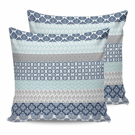 18x18 Pillow Covers Set of 2, Boho Blue Aqua Throw Pillow Covers Decorative Couch Cushion Case, Geometric Stripes Tribal Bohemia Retro Microfiber Square Pillowcases for Bedroom Car Living Room
