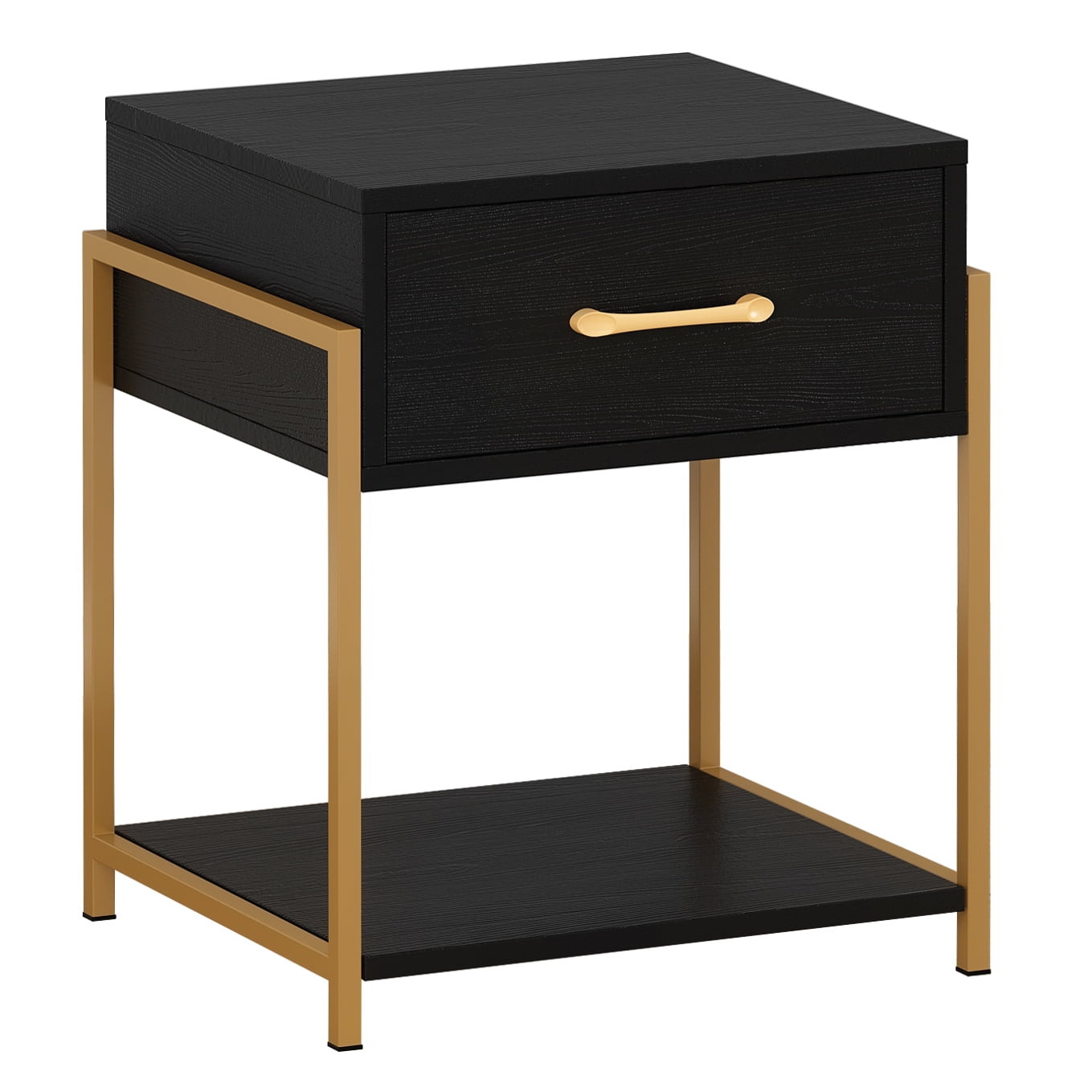 Nightstand Bedside Table with Drawer and Shelf, Gold Metal Frame
