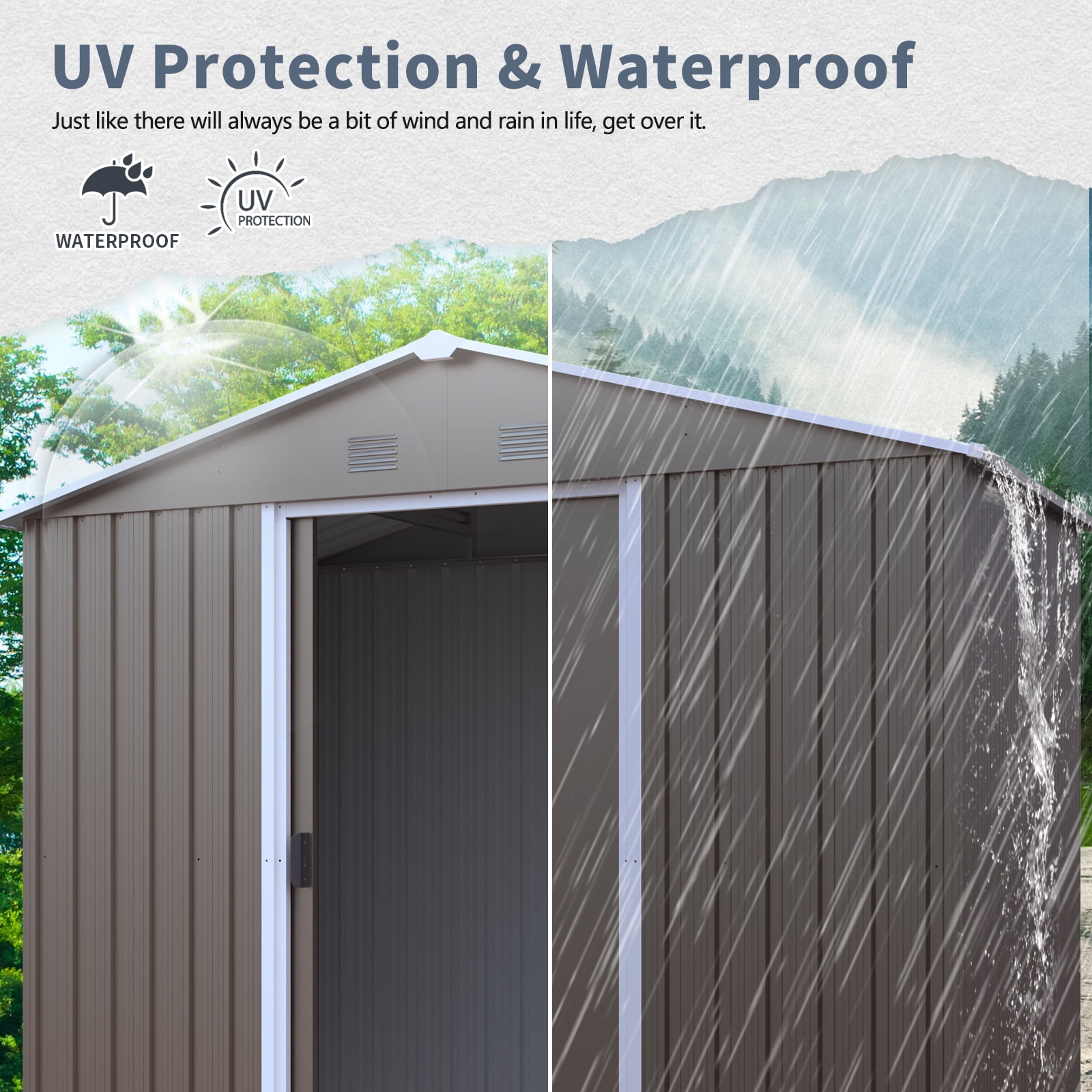 Olurrisa 8x4ft Gray Outdoor Metal Storage Shed with Metal Foundation, Galvanized Steel Lockable Shed with Sliding Doors
