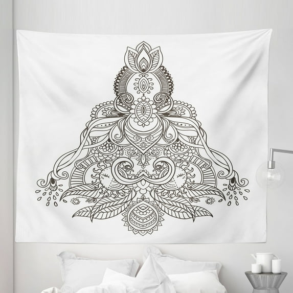 Mandala Tapestry, Composition Lotus Tibetian Tulips Sun and Ribbons, Fabric Wall Hanging Decor for Bedroom Living Room Dorm, 5 Sizes, White and Black, by Ambesonne
