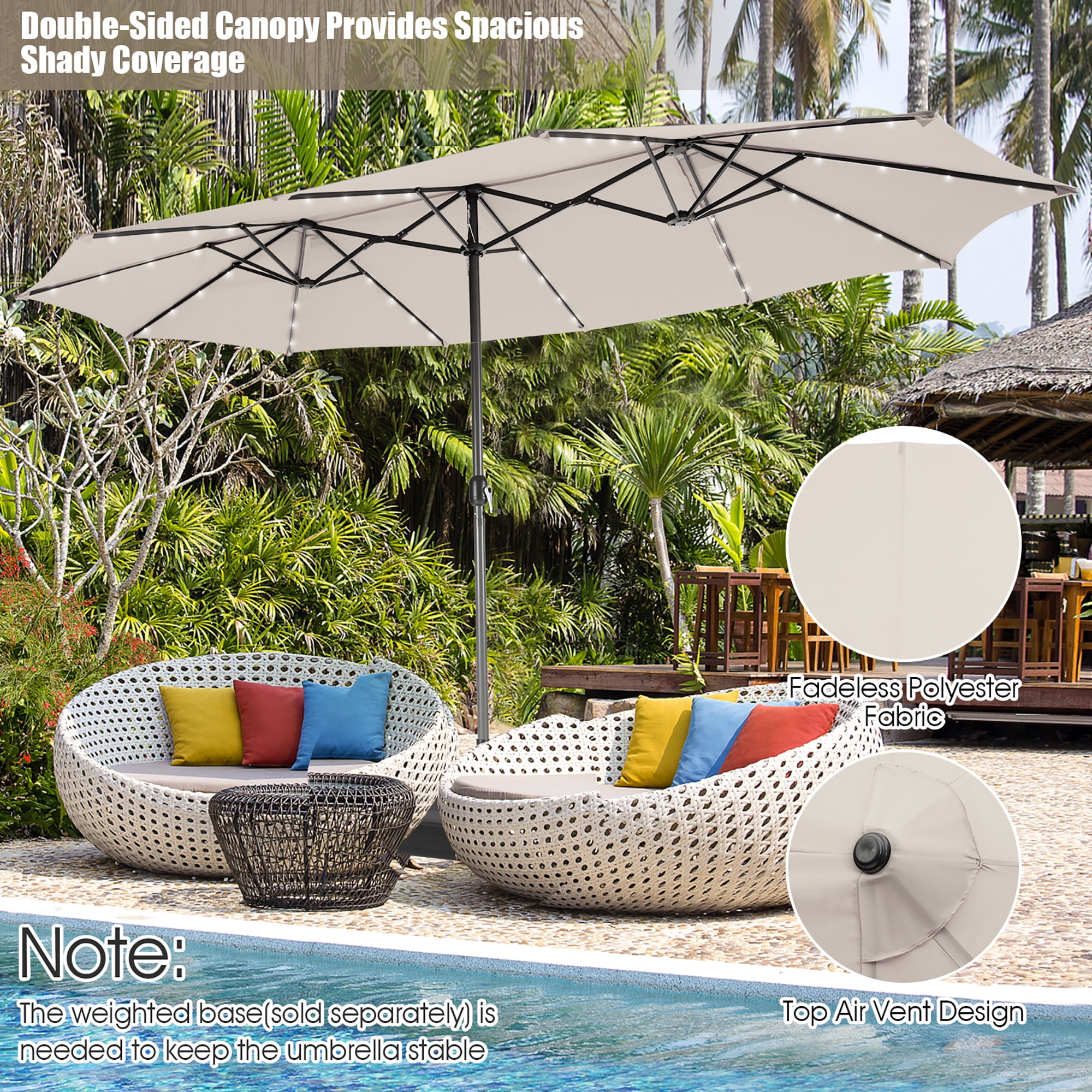 Gymax 15Ft Solar LED Patio Outdoor Double-Sided Umbrella w/ 48 Lights Crank Beige