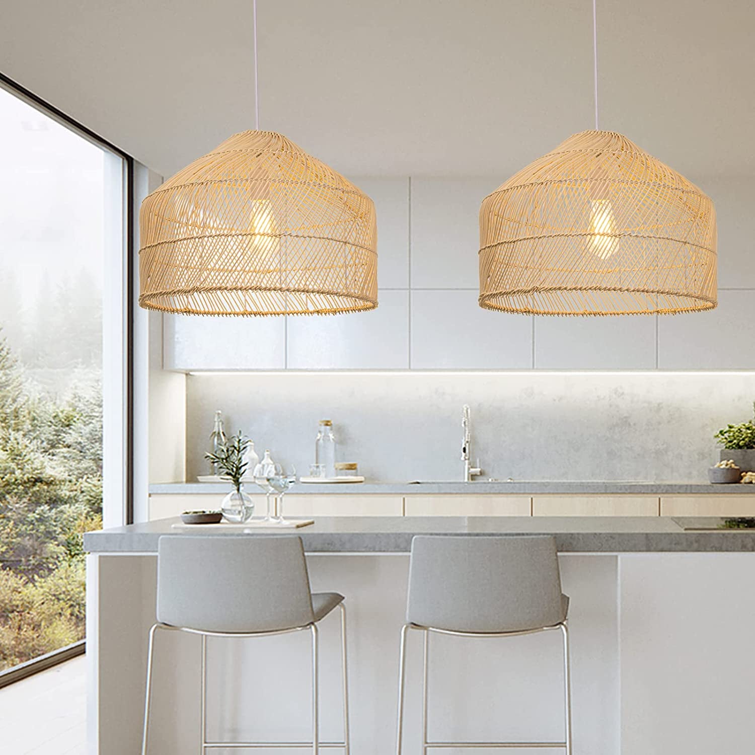 Arturesthome Black Rattan Pendant Lights Lampshade Wicker Hanging Light Fixture Chandelier for Kitchen Island Dining Room Entryway Hallway