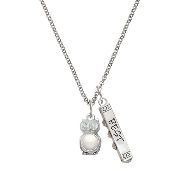 Delight Jewelry Silvertone 3-D Imitation Pearl & Clear Crystal Owl Silvertone Best Friends Forever Bar Charm Necklace, 23"