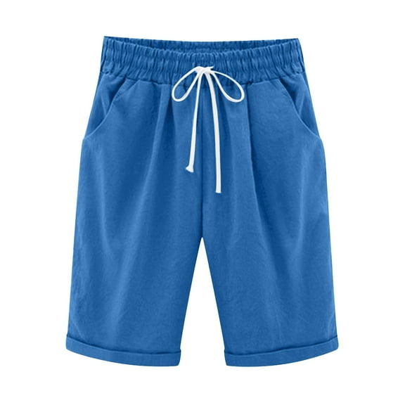 Long Shorts for Women Knee Length Linen Bermuda Shorts Baggy Casual High Waist Drawstring Wide Leg Beach Resort Pants Blue 3XL