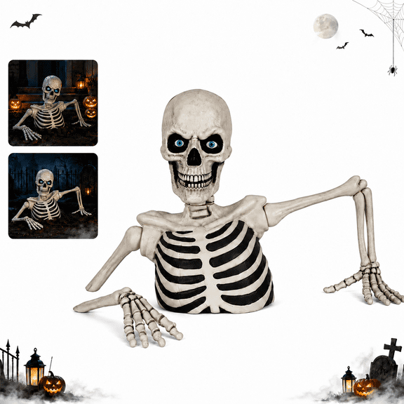 Halloween Ground-Breaking Skeleton with Blue Light-Up Eyes, 11.8 in Half-Body Yard Decoration for Lawn, Porch, Garden and Party, Beige
