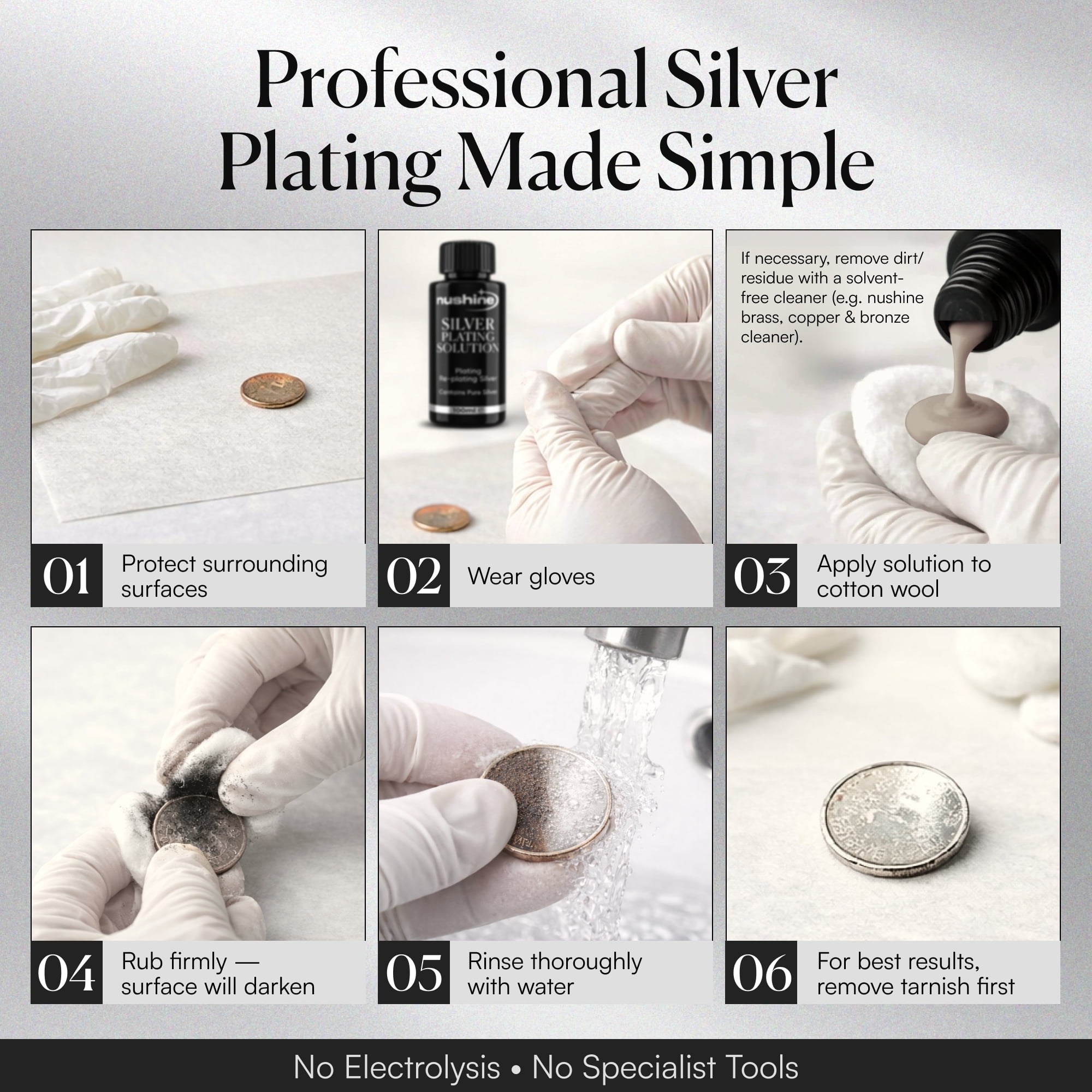 Nushine Silver Plating Solution 1.7 Oz - Permanently Plate Pure Silver onto Worn Silver, Brass, Copper and Bronze (ecofriendly Formula)