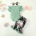 thumbnail image 3 of Kucnuzki Newborn Baby Girls Spring Outfits 6-12 Months Clothing Sets Summer Ruffle Short Sleeves Knit Top Letter Romper Top Floral Pants Flared Pants with Headband 3pcs Green, 3 of 7
