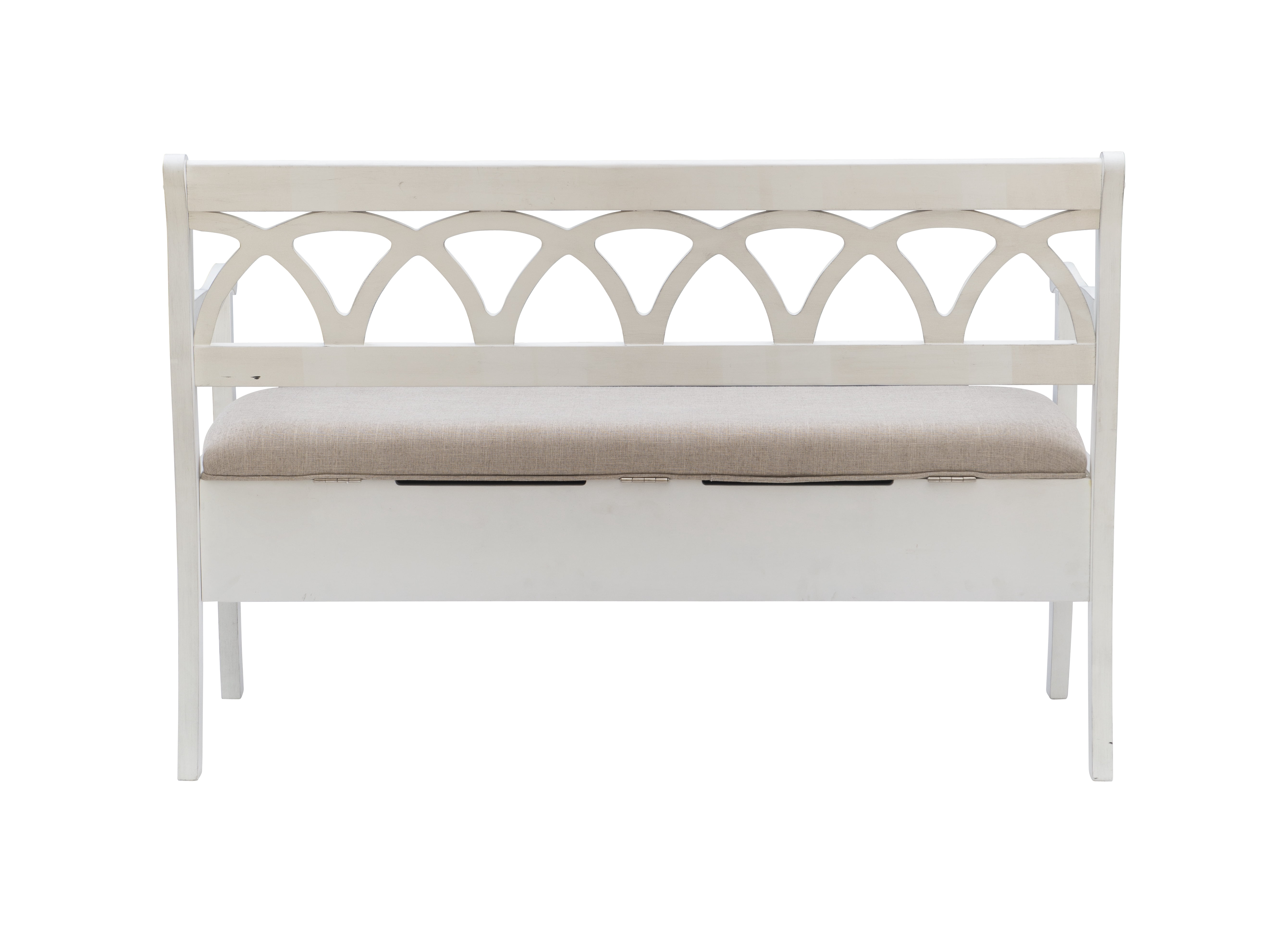 Linon Elliana Storage Bench Beige Padded Seat Cutout Back Design in White Wood