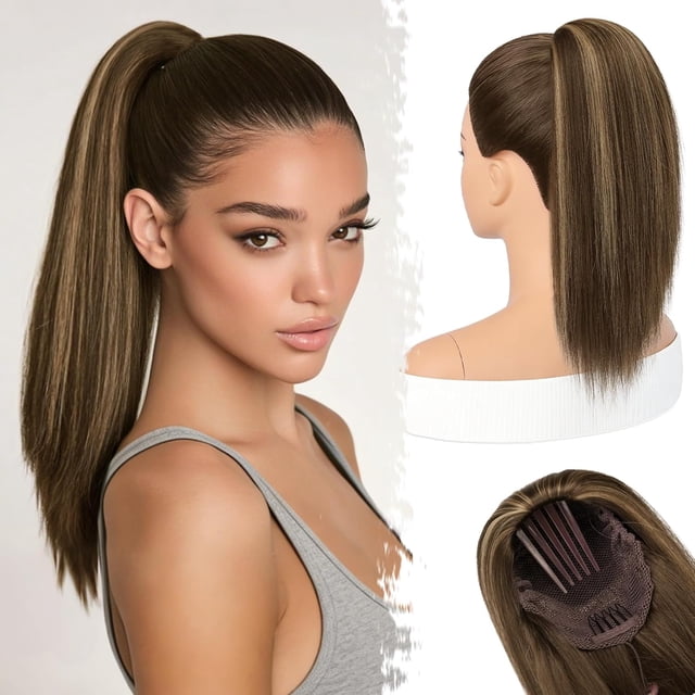 Yanonmyfd Black Straight Drawstring Ponytail Extension - 28 Inch Long Straight Drawstring Ponytail Extension Natural Looking Fluffy Soft Synthetic Cheer Posh Pony Tails Hairpieces Daily Party