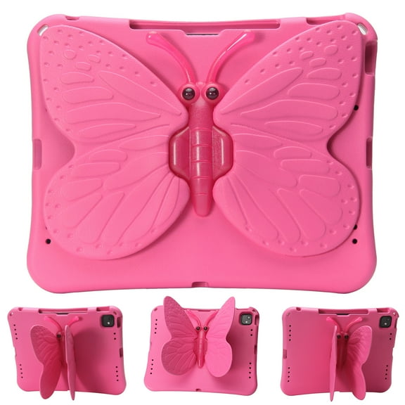 Kids Case for iPad Air 13-inch (M3) 2025, (M2) 2024 / iPad Pro 13 Inch M4 / iPad Pro 12.9 (2018/2020/2021/2022), Cute Butterfly Rotating Stand Lightweight Kids Friendly Shockproof Case, Rose