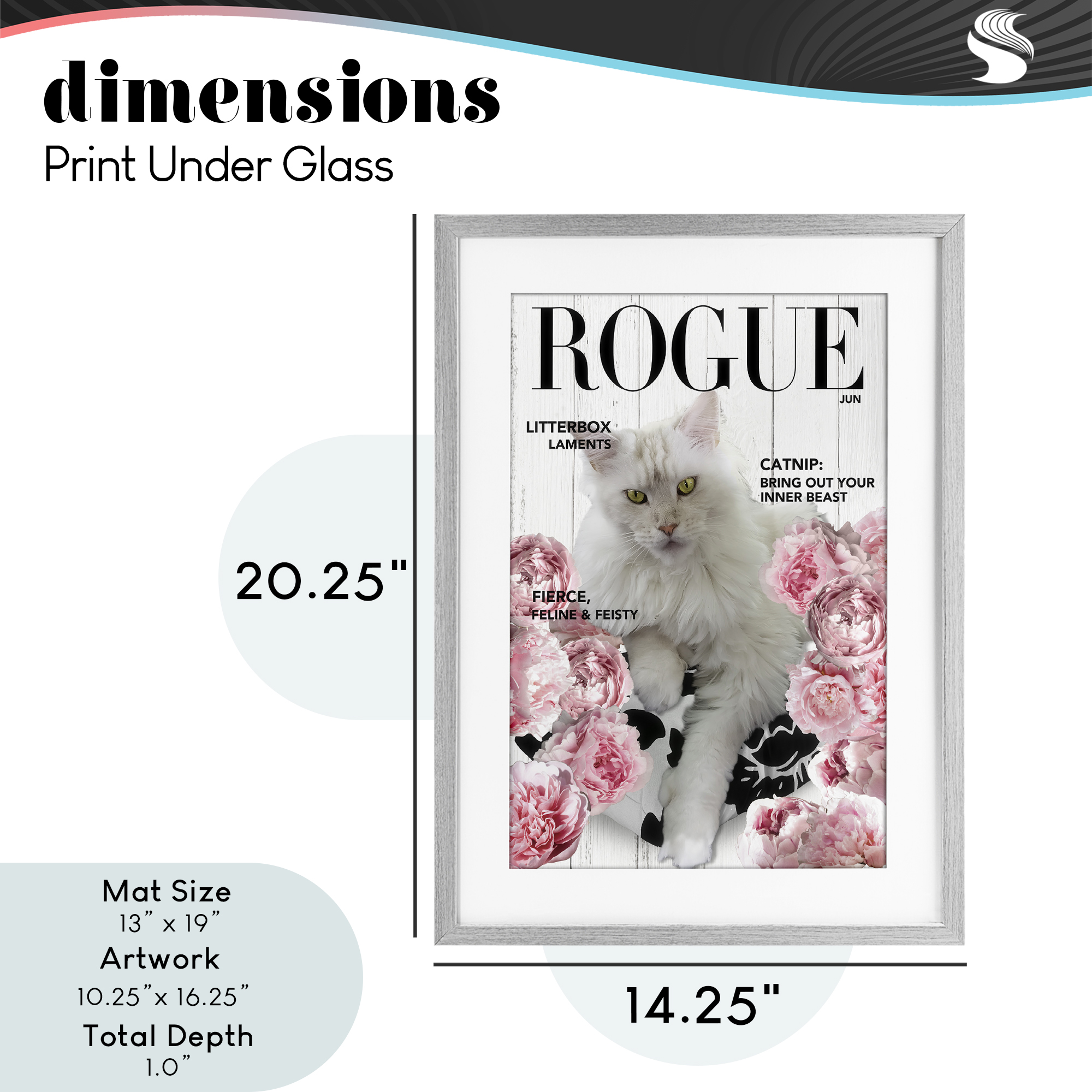 Funny Floral Cat Magazine Gray Framed Print Under Glass, design by Sasha