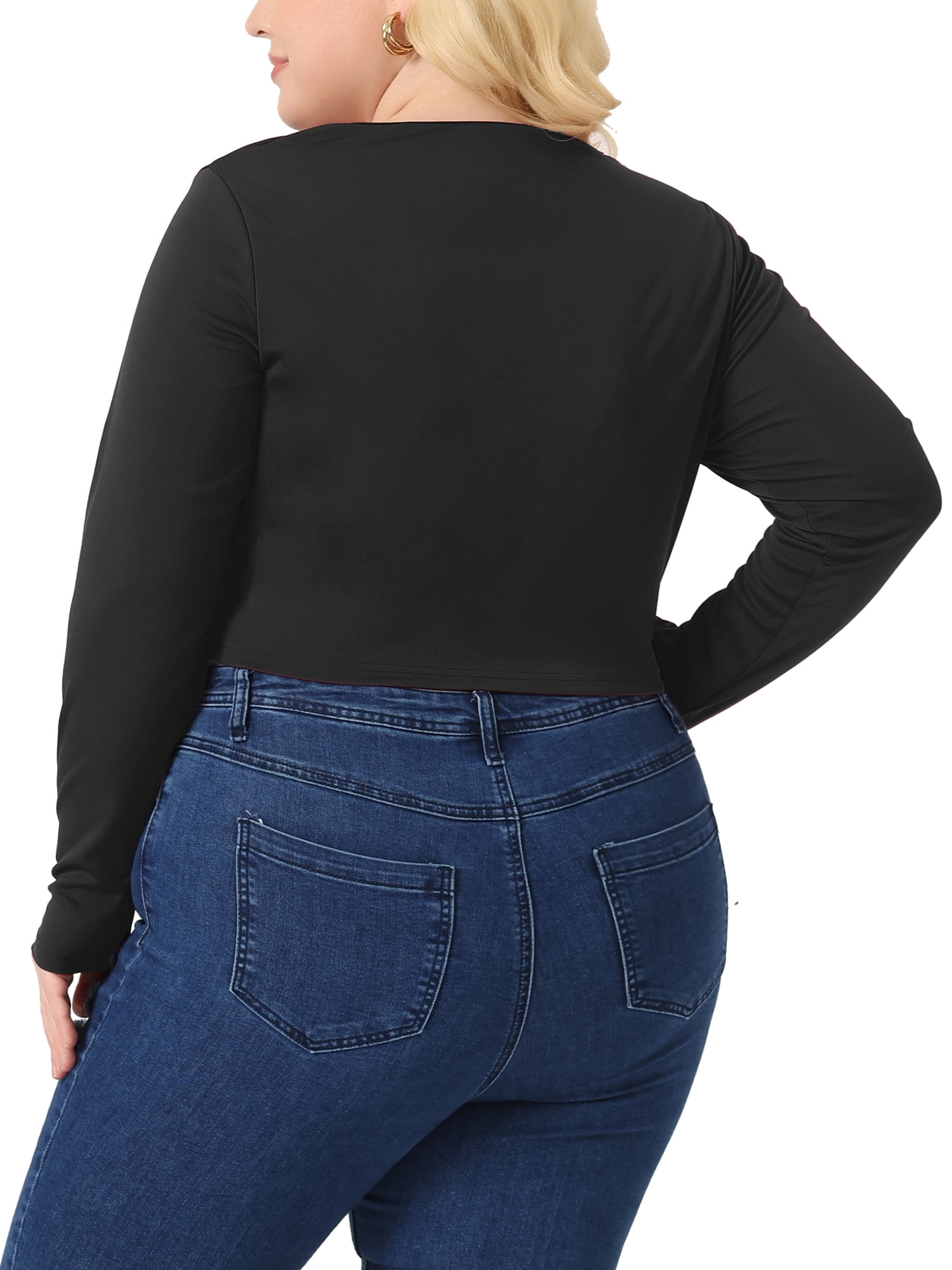 Unique Bargains Women Plus?Size Long Sleeve Round Neck Cut Out Front Fitted T-Shirts 4X Black
