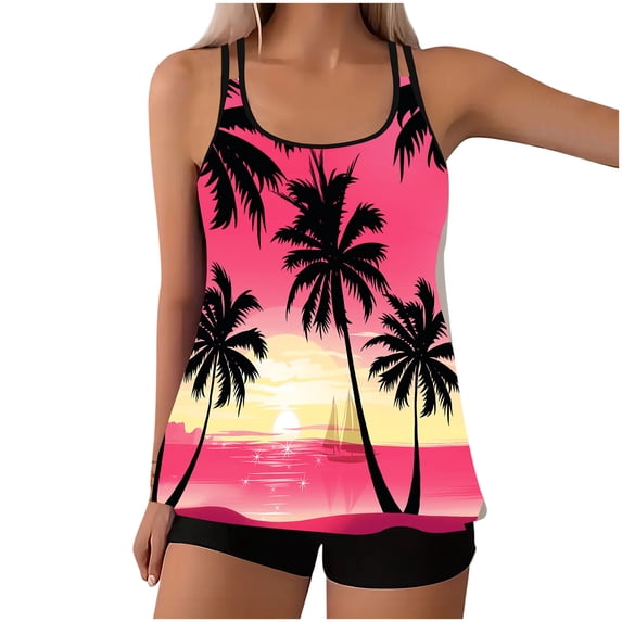 BRGZLK Plus Size Tankini Swimsuit for Women 2026 Print Tummy Control Flowy Tank Top with High Waisted Boyshorts Loose Comfortable 2 Piece Bathing Suit Hot Pink S