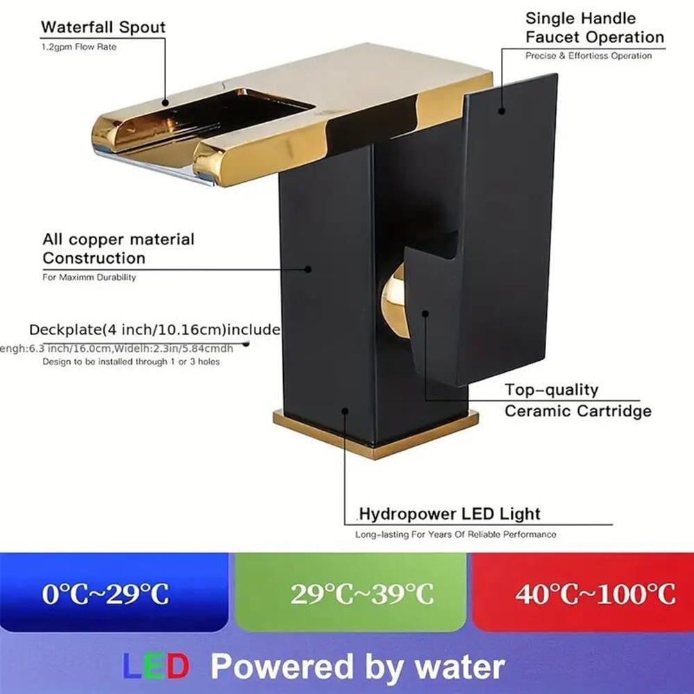 Black  Gold LED Bathroom Sink Faucet 1 Hole Basin Vanity Mixer Taps Single Handle