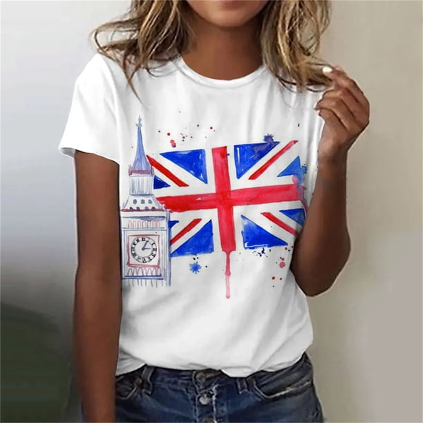 Fiudx Ofertas Del Día Camiseta Informal de Manga Corta con Cuello Redondo y Estampado Del Día de La Independencia para Mujer