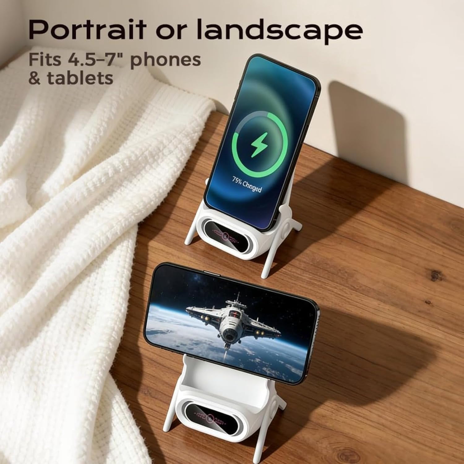 Mini Chair Wireless Fast Charger Multifunctional Phone Holder, 2026 New Wireless Fast Charger Phone Stand with Speaker, Charging Station Amplifier Mobile Phones Holder Stand (White)