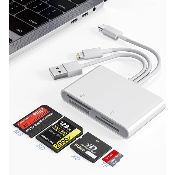 Memory Stick Pro Duo Adapter - 4-in-1 USB C/Lightning/USB-A to SD/TF/MS/XD Card Reader High-Speed Photo Video Transfer from Camera to iPhone/Tablet/Computer
